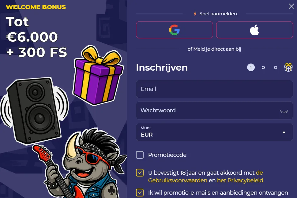 Spinorhino casino registratie en account aanmaken